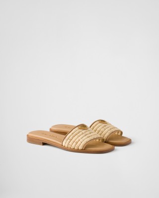Prada Leather Slides With Crochet Details Natural