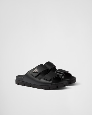 Prada Leather Strap Slides Black