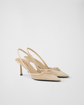 Prada Mesh Fabric Slingback Pumps Travertine Stone