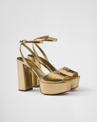 Prada Metallic Leather Platform Sandals Platinum