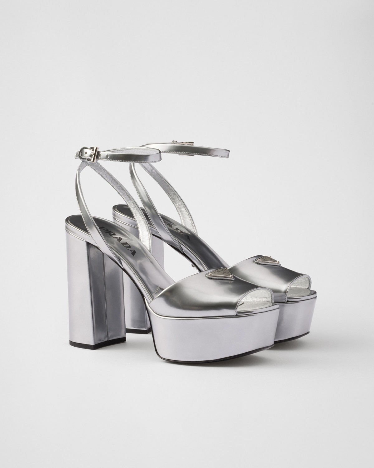 Prada Metallic Leather Platform Sandals Silver