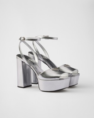 Prada Metallic Leather Platform Sandals Silver