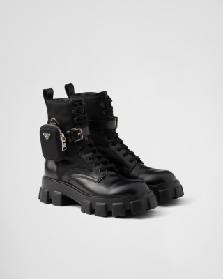 Prada Monolith Brushed Leather And Re-nylon Boots With Pouch Black