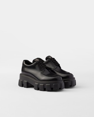 Prada Monolith Brushed Leather Lace-up Shoes Black