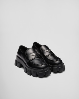 Prada Monolith Brushed Leather Loafers Black