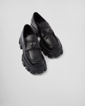 Prada Monolith Brushed Leather Loafers Black