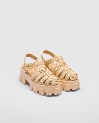 Prada Monolith Crochet Cage Sandals Natural