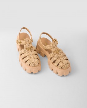 Prada Monolith Crochet Cage Sandals Natural