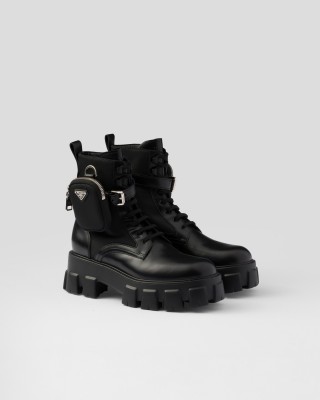 Prada Monolith Leather And Re-nylon Combat Boots With Pouch Black