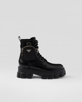 Prada Monolith Leather And Re-nylon Combat Boots With Pouch Black