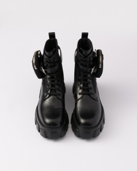 Prada Monolith Leather And Re-nylon Combat Boots With Pouch Black