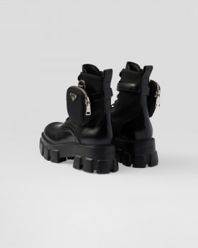 Prada Monolith Leather And Re-nylon Combat Boots With Pouch Black