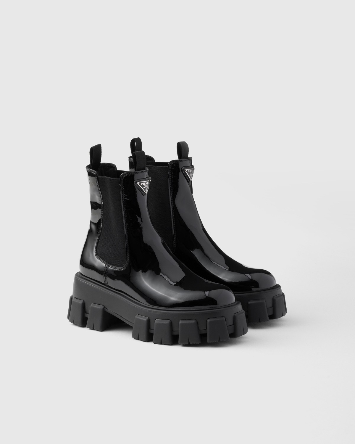 Prada Monolith Patent Leather Booties Black