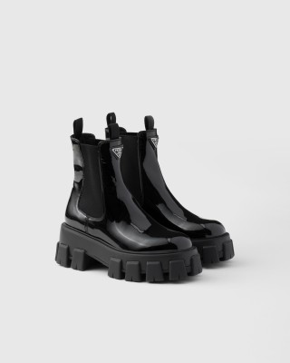 Prada Monolith Patent Leather Booties Black