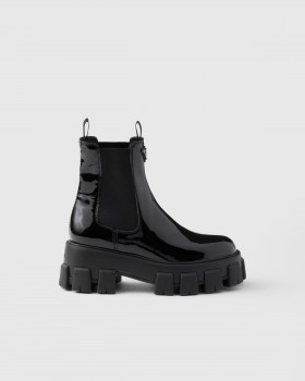 Prada Monolith Patent Leather Booties Black