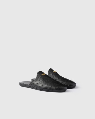 Prada Ostrich Leather Mules Black