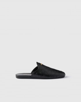 Prada Ostrich Leather Mules Black