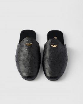 Prada Ostrich Leather Mules Black