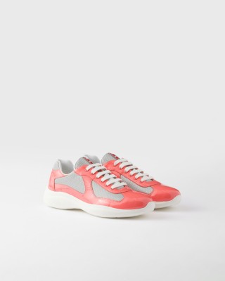 Prada Patent Leather And Technical Fabric Prada America's Cup Sneakers Coral/Silver