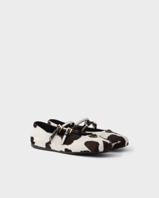 Prada Printed Leather Ballerinas WHITE/DARK BROWN