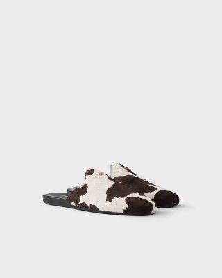 Prada Printed Leather Mules WHITE/DARK BROWN