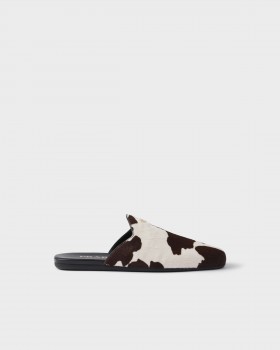 Prada Printed Leather Mules WHITE/DARK BROWN