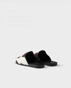 Prada Printed Leather Mules WHITE/DARK BROWN