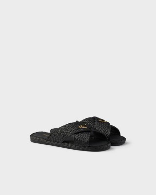 Prada Raffia Crisscross Slides Black