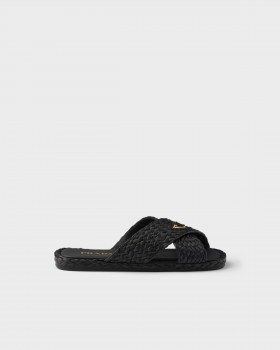 Prada Raffia Crisscross Slides Black