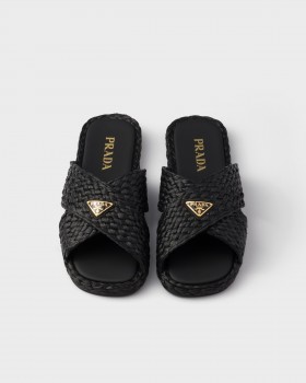 Prada Raffia Crisscross Slides Black
