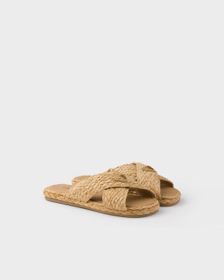 Prada Raffia Crisscross Slides Natural