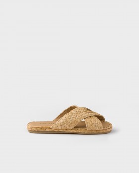 Prada Raffia Crisscross Slides Natural