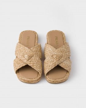 Prada Raffia Crisscross Slides Natural