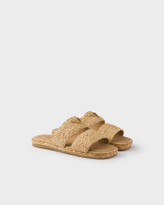 Prada Raffia Slides Natural