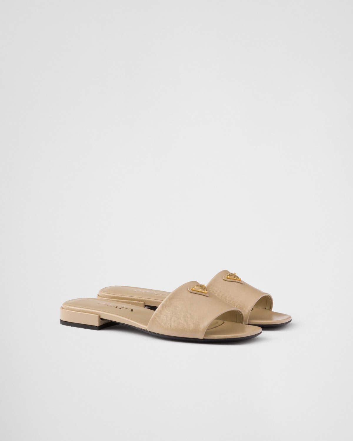 Prada Saffiano Patent Leather Slides Sand Beige