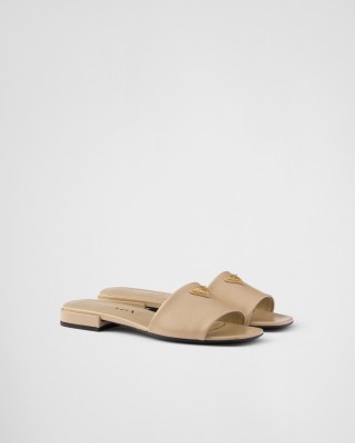 Prada Saffiano Patent Leather Slides Sand Beige