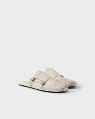 Prada Shuffle Antiqued Leather Double Monk Strap Mules Chalk White
