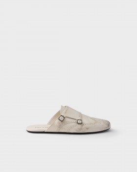 Prada Shuffle Antiqued Leather Double Monk Strap Mules Chalk White