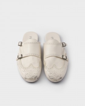 Prada Shuffle Antiqued Leather Double Monk Strap Mules Chalk White
