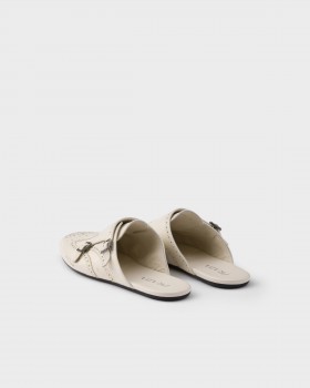 Prada Shuffle Antiqued Leather Double Monk Strap Mules Chalk White