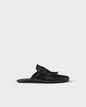 Prada Shuffle Antiqued Leather Mules With Buckled Strap And Fringe Black
