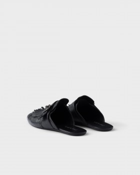 Prada Shuffle Antiqued Leather Mules With Buckled Strap And Fringe Black