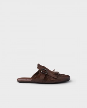 Prada Shuffle Antiqued Leather Mules With Buckled Strap And Fringe Cognac
