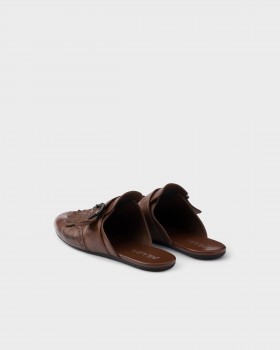 Prada Shuffle Antiqued Leather Mules With Buckled Strap And Fringe Cognac
