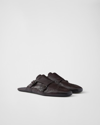 Prada Shuffle Double Monk Strap Leather Mules Ebony