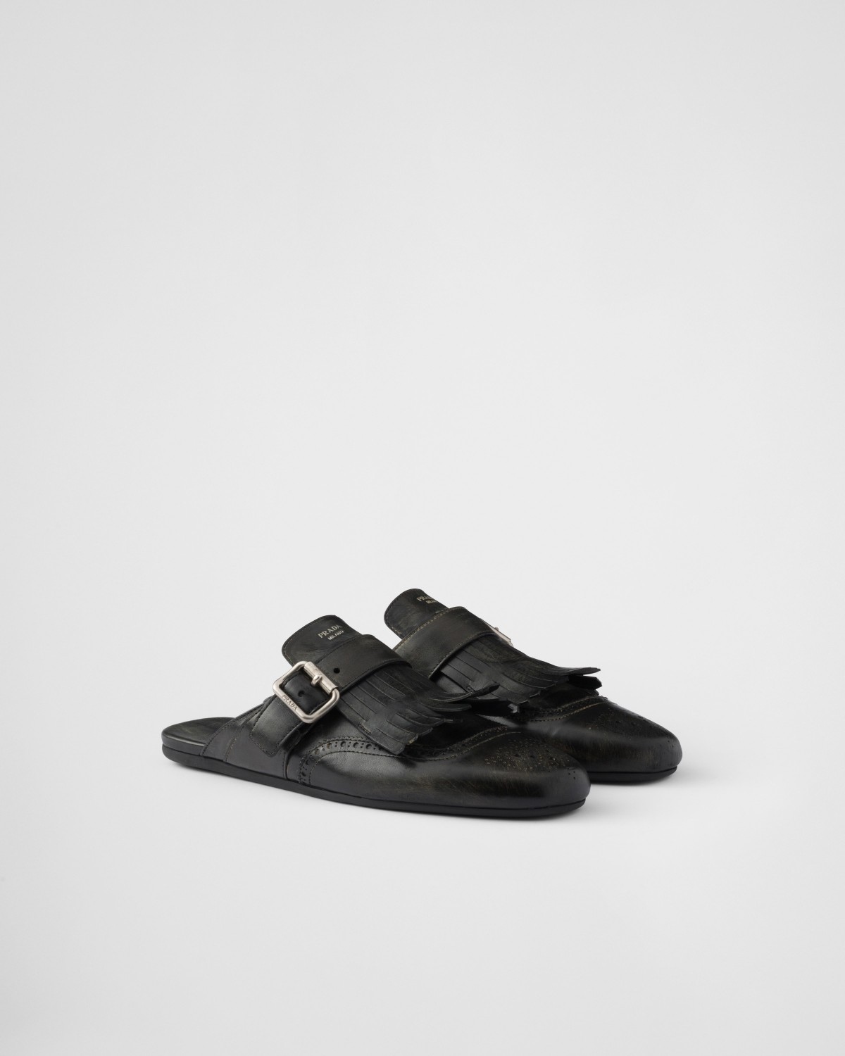 Prada Shuffle Fringed Leather Mules Black