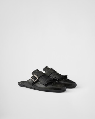Prada Shuffle Fringed Leather Mules Black
