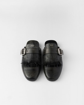 Prada Shuffle Fringed Leather Mules Black