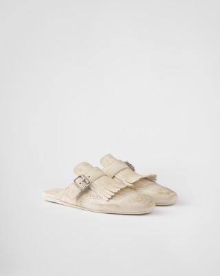Prada Shuffle Fringed Leather Mules Chalk White