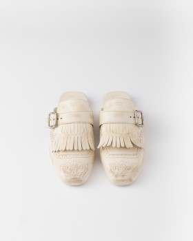 Prada Shuffle Fringed Leather Mules Chalk White